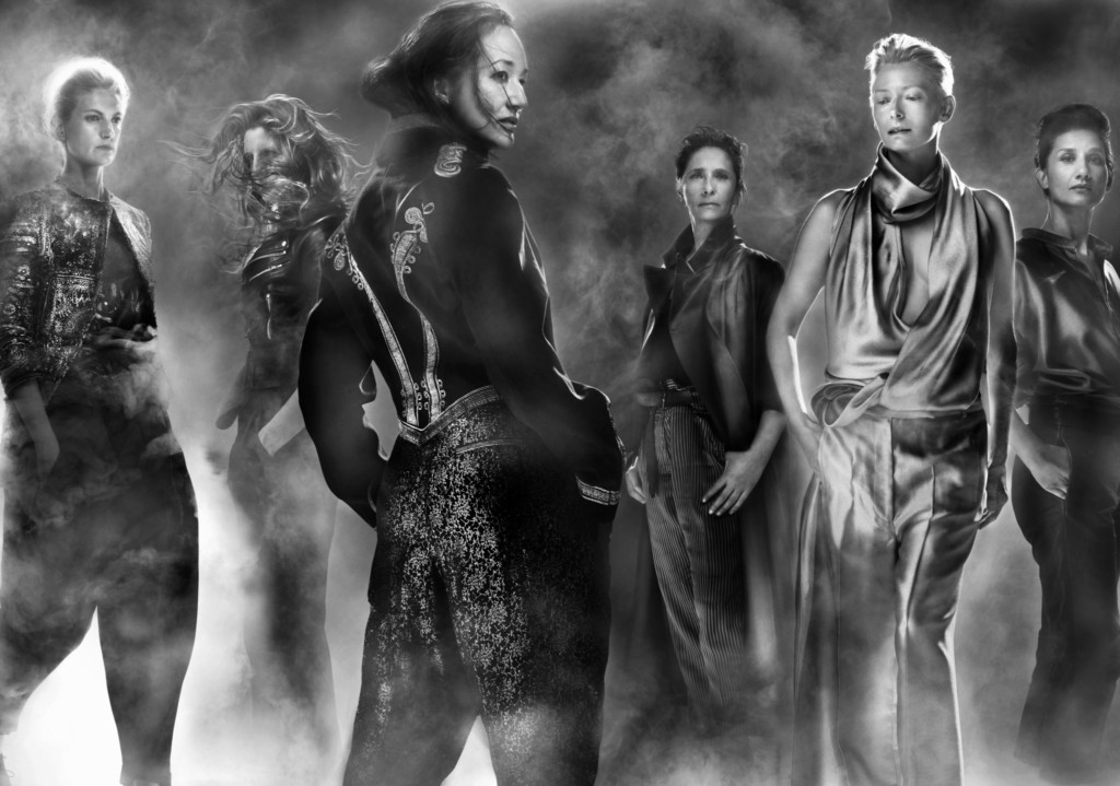 Haider Ackermann, from left to right: Alexandra Sandberg, Savanna Widell, Harumi Klossowska De Rola, Dina Haidar, Tilda Swinton, and Louise Neri